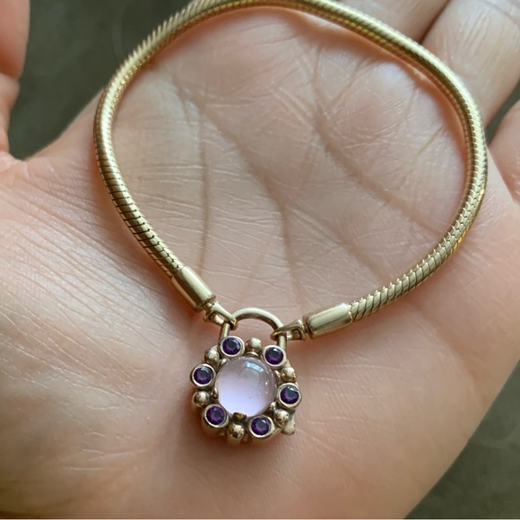 Retired Rare Pandora Carrier Gold Heraldic Snake Chain Amethyst Padlock Bracelet - Picture 7 of 11